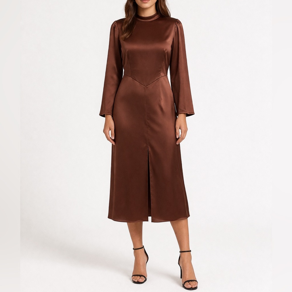 Reformation Brown Satin Midi Dress Long Sleeve Chocolate Size 8